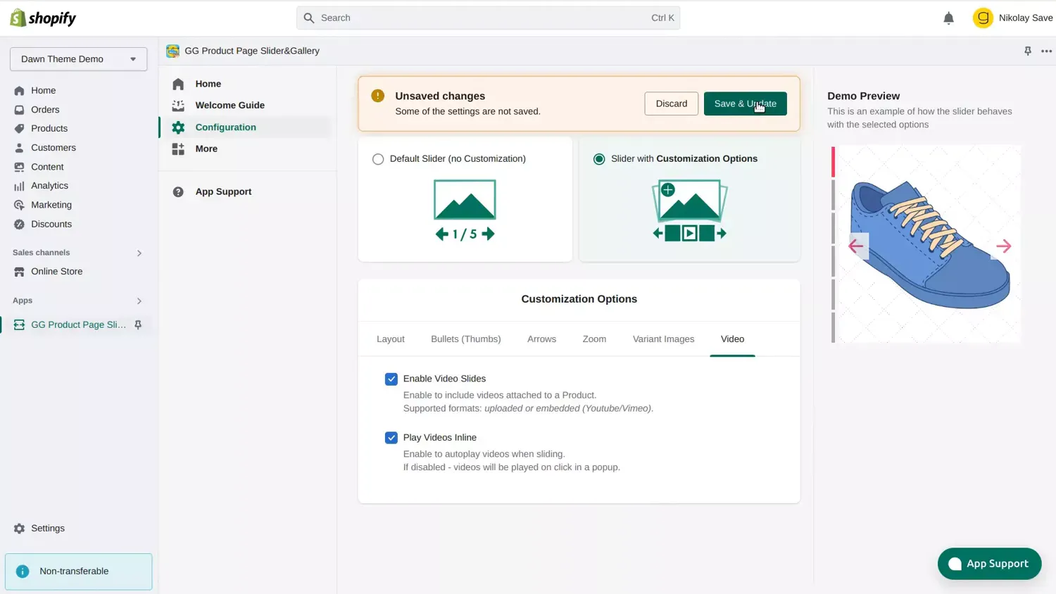 Advanced settings and video configuration tab