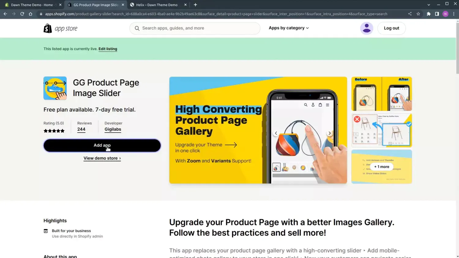 Installing the Product Page Gallery app from the Shopify App Store