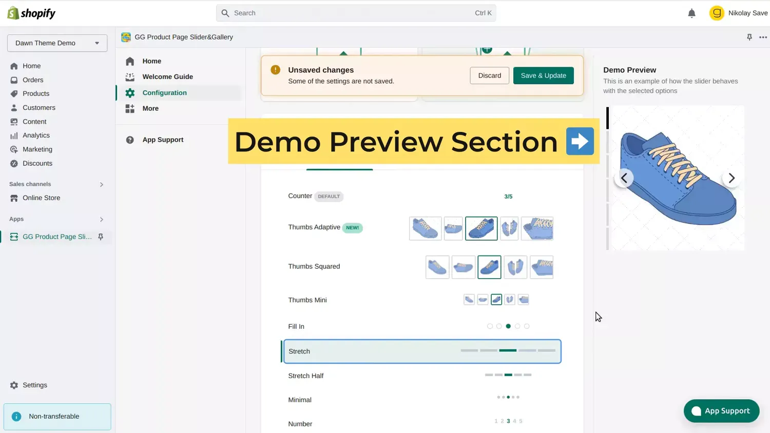 Gallery configuration options and preview