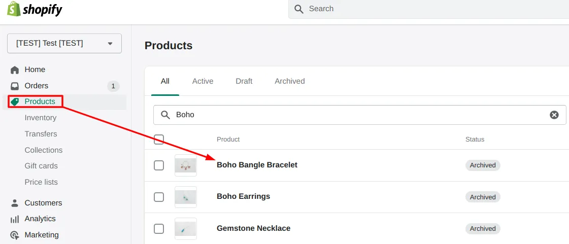 Find the product in Shopify admin