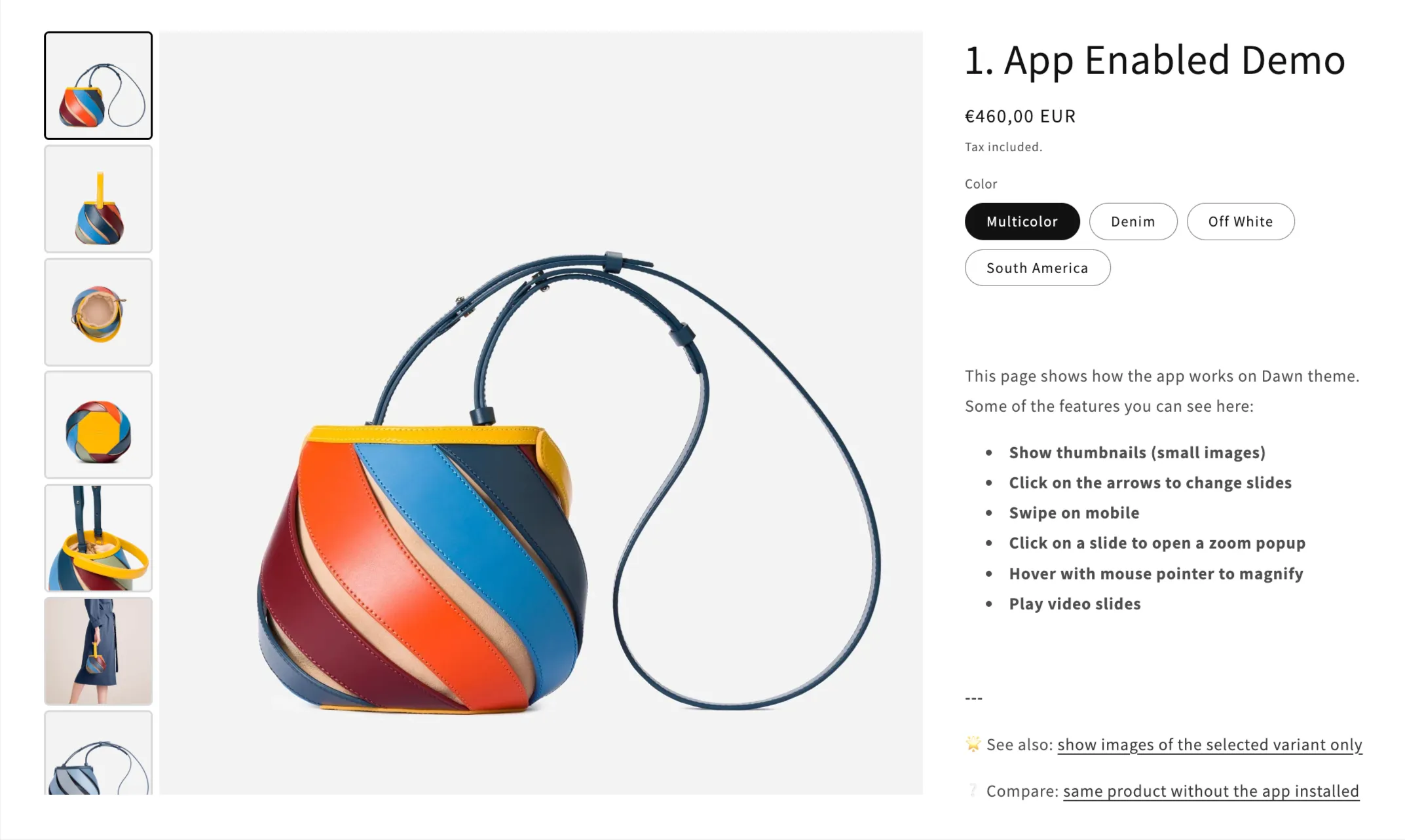GG Product Page Image Slider showing a product gallery with thumbnails and zoom