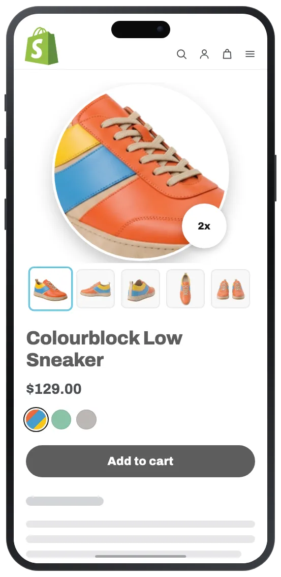 Shopify product page with image zoom magnifier and lightbox active