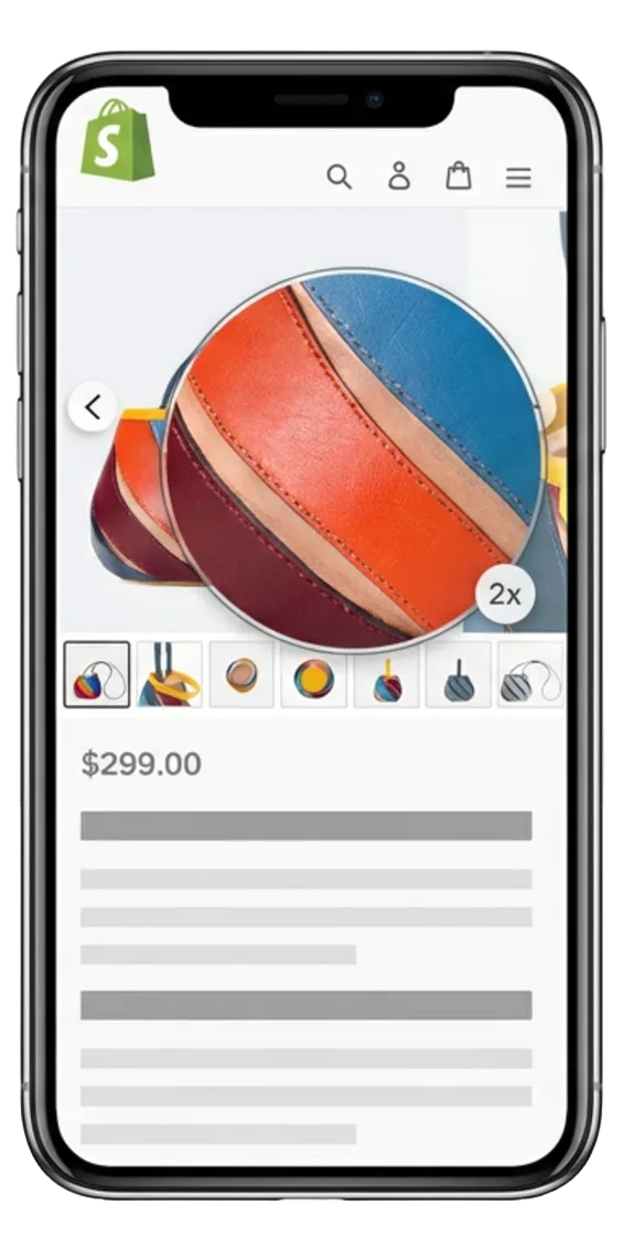 Shopify product page with image zoom magnifier and lightbox active