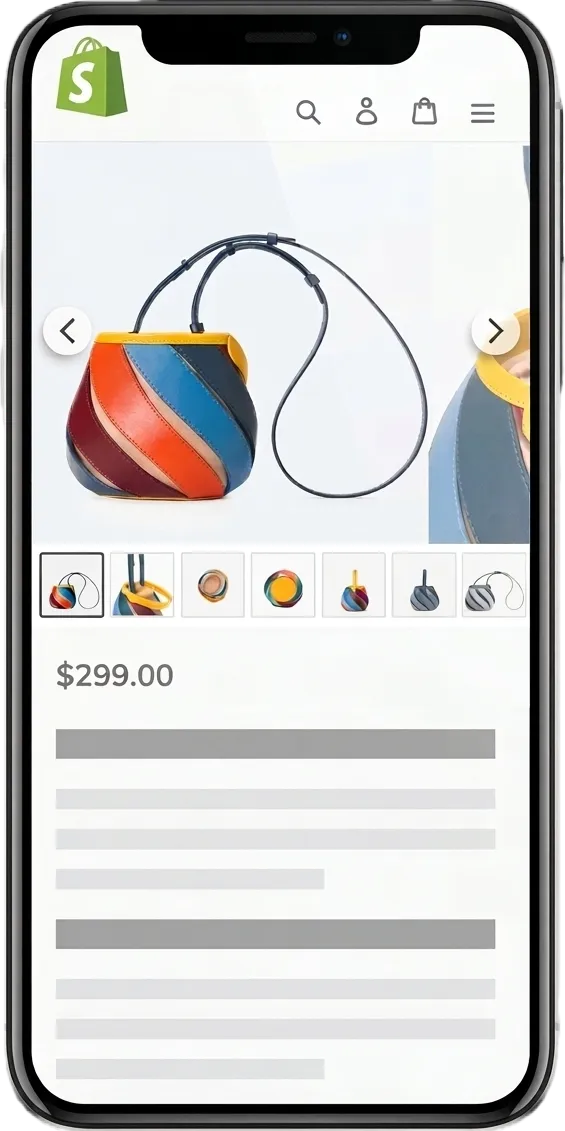 Product image slider app showing a gallery with thumbnails and arrows