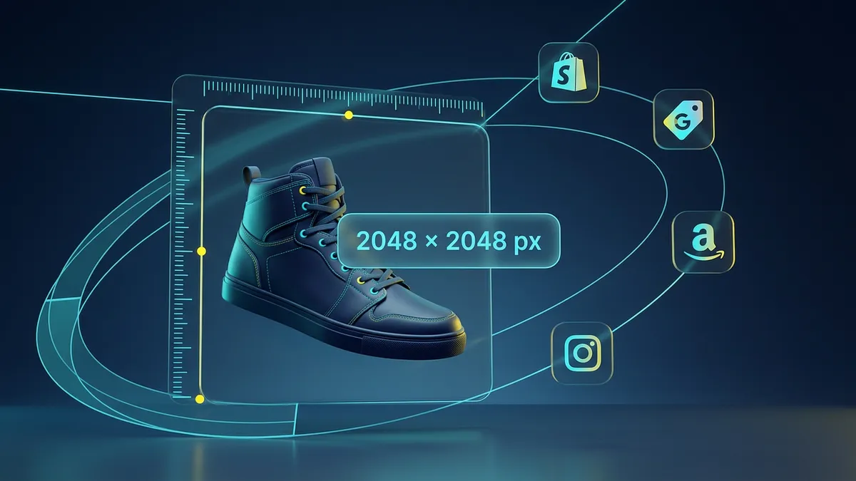 Illustration showing a product photo with 2048×2048 px dimension labels, a ruler, and floating marketplace logos for Shopify, Google Shopping, and Amazon