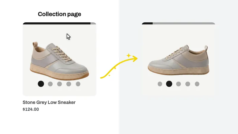 Product card with auto-advancing image slider triggered by hover
