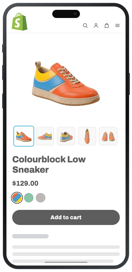 Product image slider on mobile with swipe gestures and horizontal thumbnails
