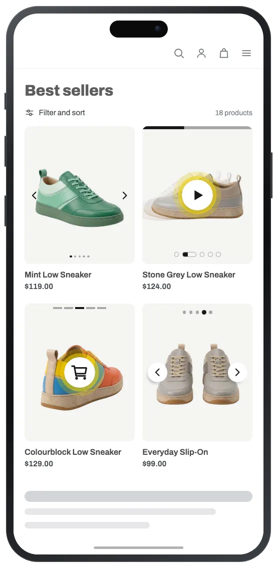 Collection page image slider on a mobile device with swipe gesture and dot indicators