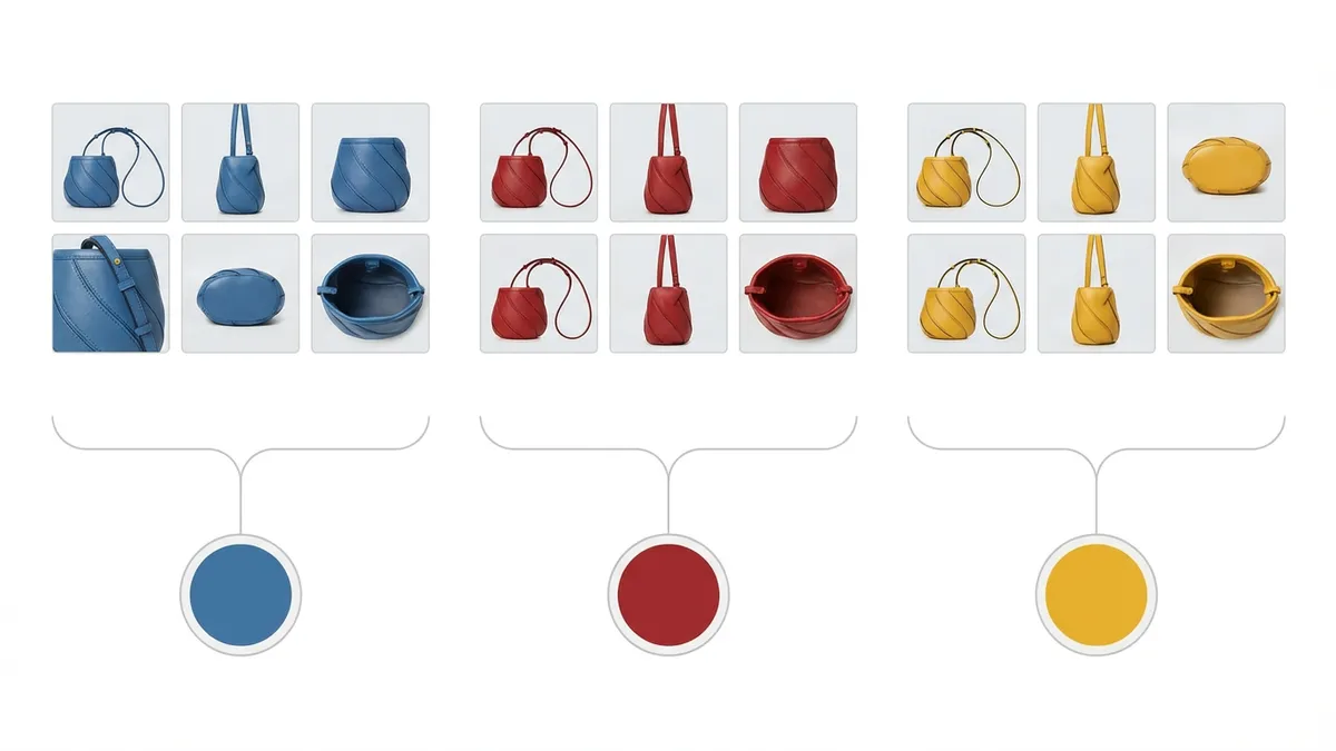 Diagram of product thumbnails grouped by color variant: blue, red, and yellow bag images in separate two-row grids with brackets linking each group to its matching swatch below