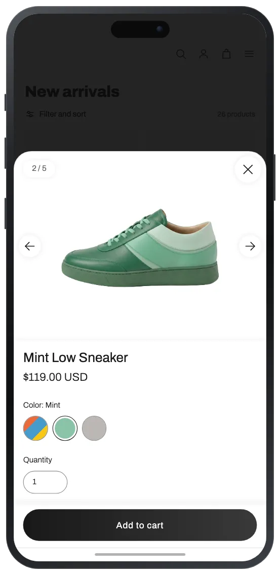 Quick View popup on a mobile device showing bottom-sheet layout with swipe gallery and touch-optimized controls