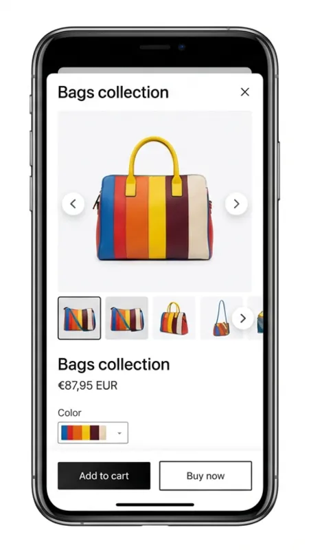 Quick View popup on a mobile device showing bottom-sheet layout with swipe gallery and touch-optimized controls