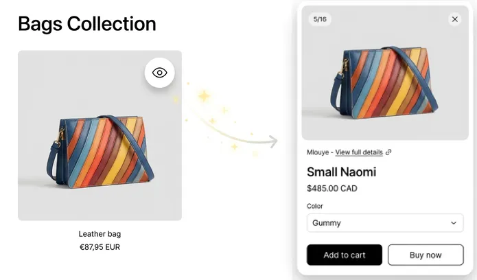 Quick View popup showing product gallery, variant selection, and Add to Cart button
