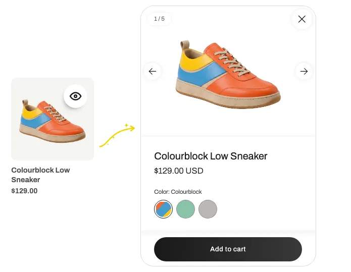 Quick View popup showing product gallery, variant selection, and Add to Cart button
