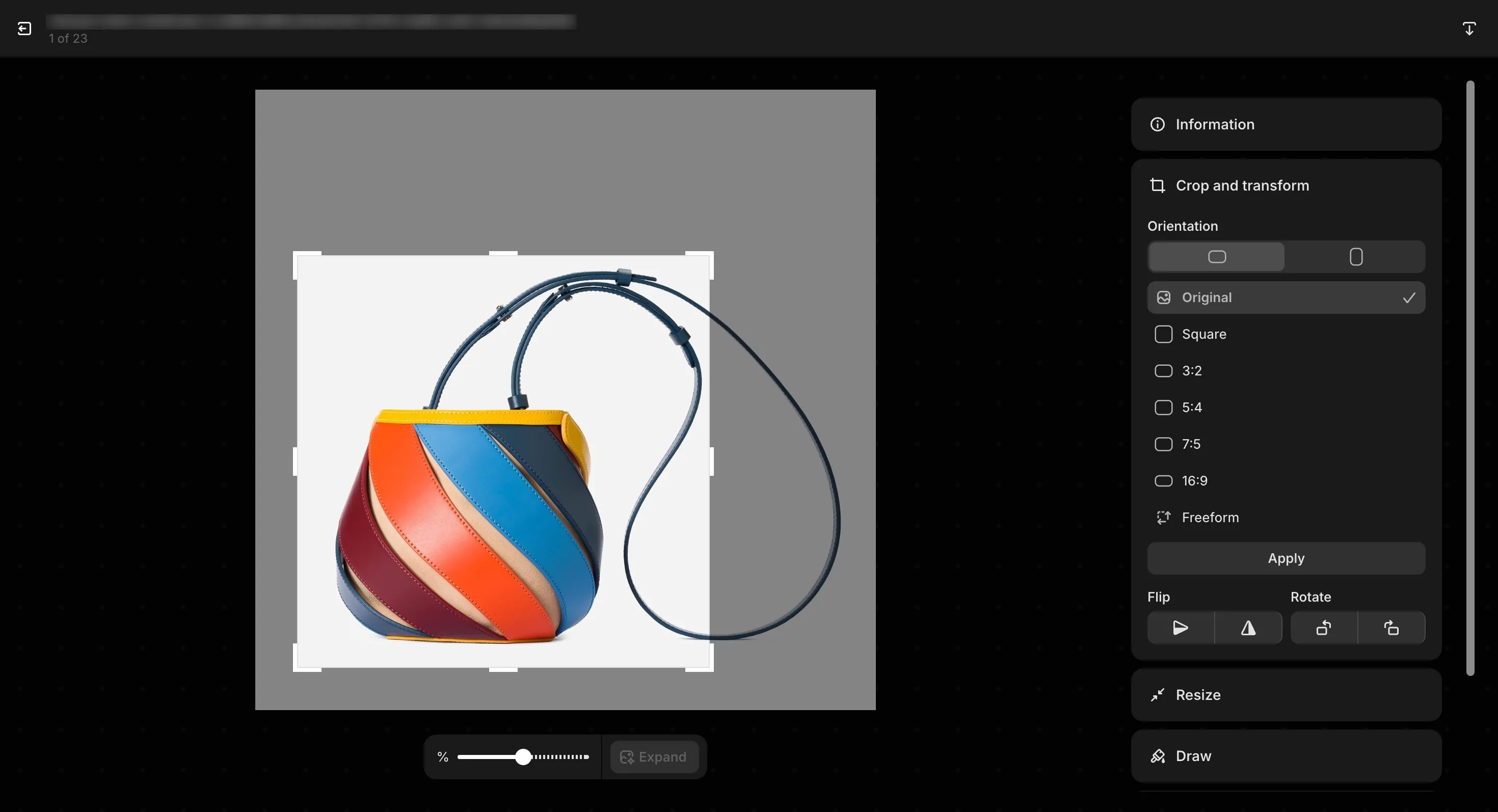 Shopify admin product media editor with the image crop tool open
