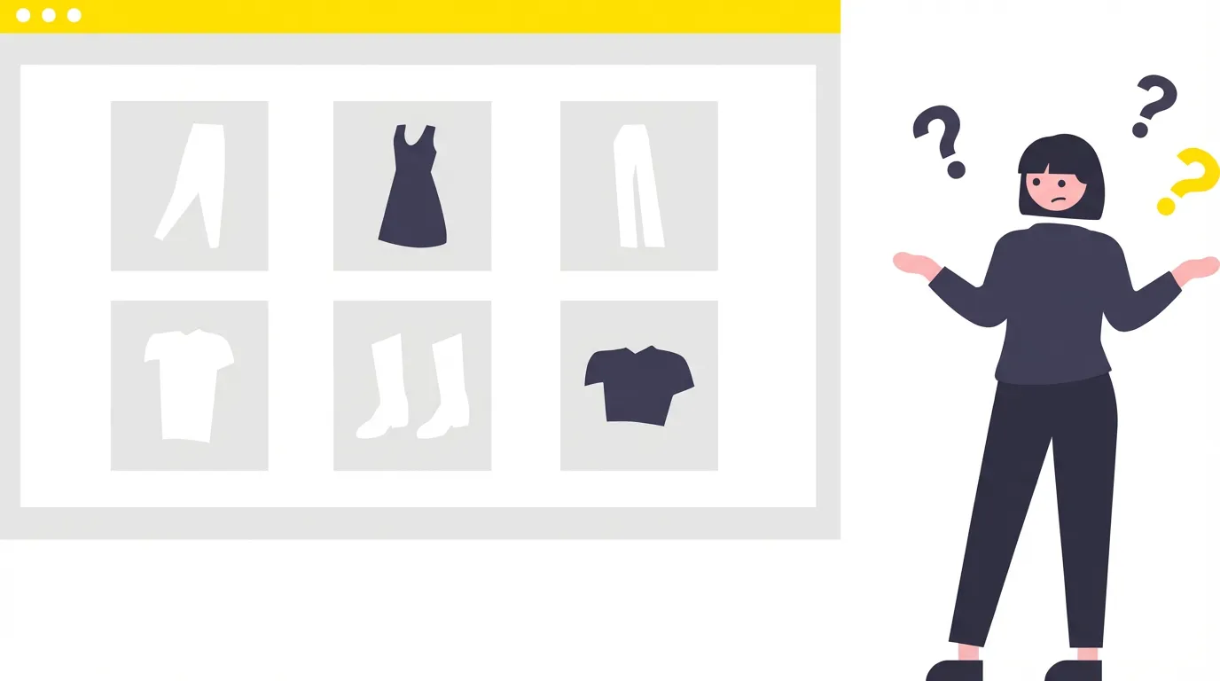 Illustration of a confused shopper beside a collection page grid showing one static image per product