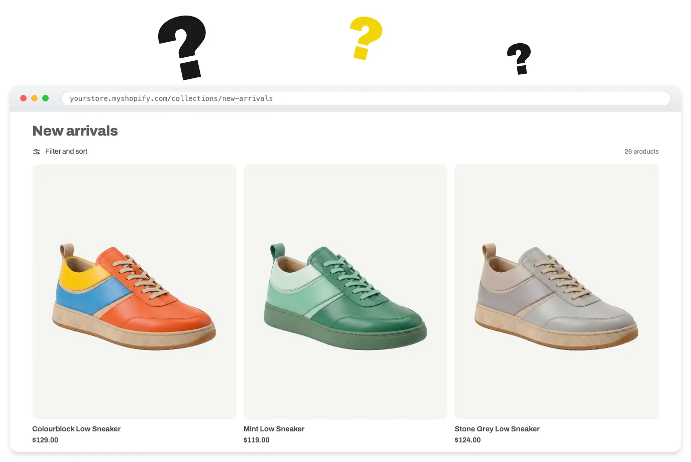 Illustration of a confused shopper beside a collection page grid showing one static image per product