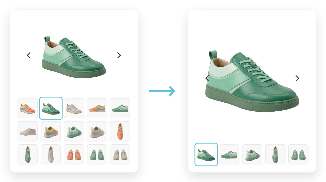 Before and after product gallery: left shows mixed-color thumbnails across multiple rows; right shows a single row filtered to the selected variant only
