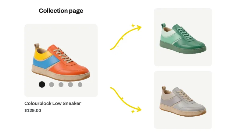 Collection page showing variant-specific product images for different color options