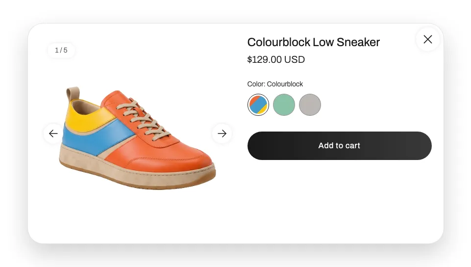 Quick View popup with color swatches, size dropdown, and variant-specific product images