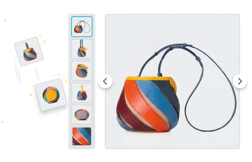 Product gallery with vertical thumbnails on the left and full-width main image