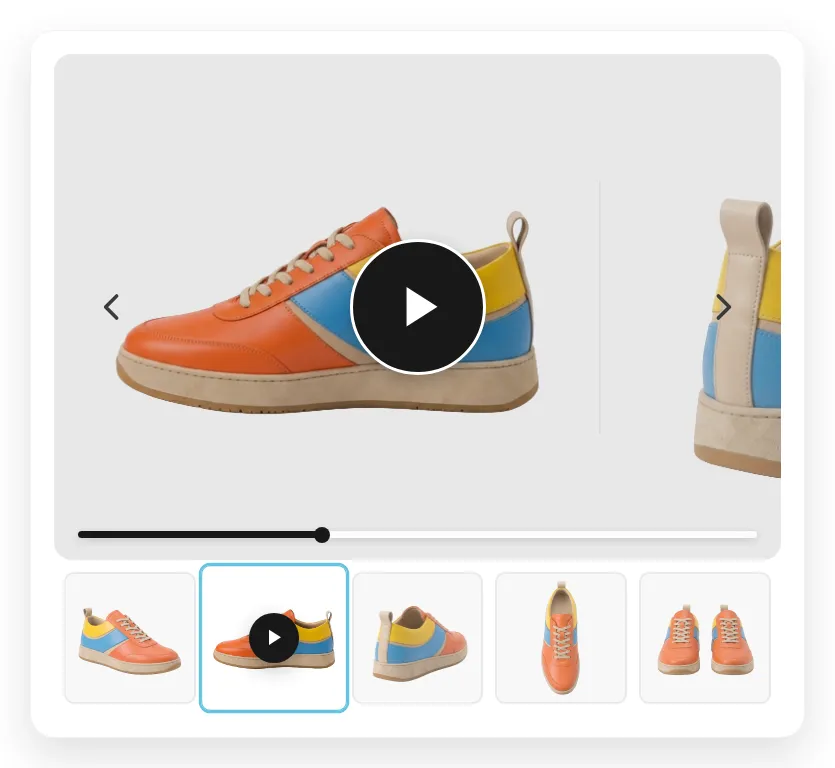Shopify product gallery showing video and image slides mixed in a swipeable carousel