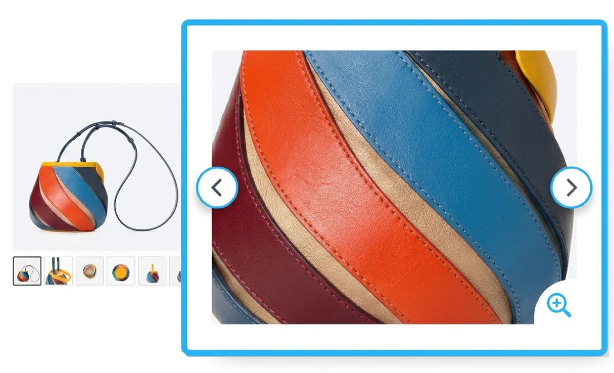 Zoom and lightbox feature showing magnified product detail on hover